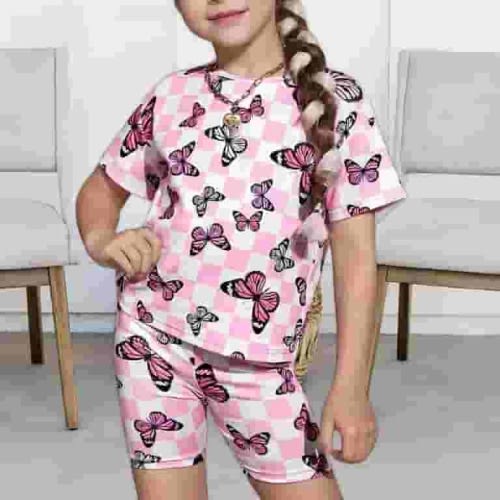 BXJX Girls Grafhic Tees and Shorts Outfit Sets- 2-Piece Casual Short Sleeve Plaid Summer Sets Pink Size 7-8T