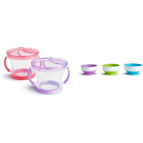 Munchkin® Snack Catcher® Toddler Snack Cups, 2 Pack, Pink/Purple & ® Stay Put™ Suction Bowls for Babies and Toddlers, 3 Pack, Blue/Green/Purple