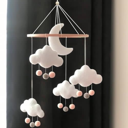Baby Crib Mobile for Boys Girls, Gender Neutral Hand-Crocheted Mobile, Boho Nursery Mobile, Shower Set for Infant Bedroom Hanging DecorationCeiling Mobile - Moon, Stars, Clouds (Snowy Clouds Mobile)