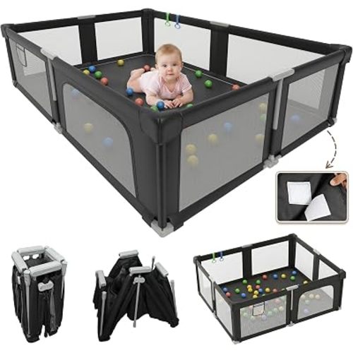 Foldable Playpen for Babies and Toddlers with Mat, 73" x 61" Playard for Indoor & Outdoor, Baby Play Pen with Soft Breathable Mesh, Pull-Link and Ocean Balls, Black