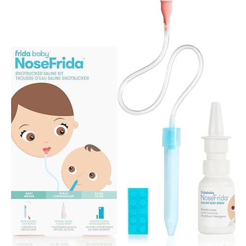 Frida Baby NoseFrida Nasal Aspirator, Snot Sucker Suitable for Newborns and Babies, Baby Nose Sucker with 10 Hygiene Filters + 20ml All-Natural Saline Spray