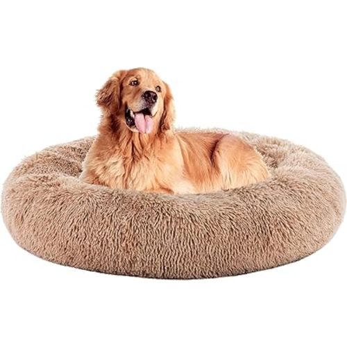 DUMOS 37.4x37.4 Inch Calming Donut Dog Beds for Large Dogs, Machine Washable Cuddler Warming Cozy Fluffy Faux Fur Plush Round Pet Bed, Anti-Slip Bed for Indoor Dogs and Cats, Brown