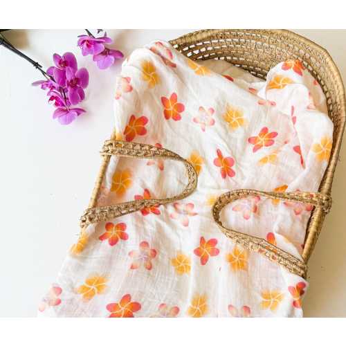 Organic Bamboo & Cotton Plumeria Muslin Baby Blanket or Swaddle, Tropical Flower Gift For newborns or kids, Perfect Aloha Nursery Decor