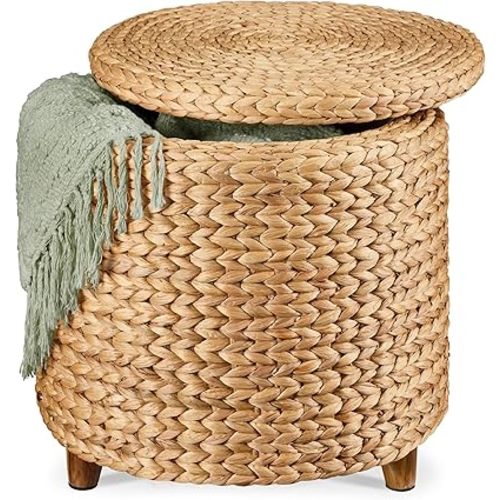 Best Choice Products 17" Round Storage Ottoman W/Lid, Handwoven Water Hyacinth Footstool, Footrest w/Wooden Legs, Accent Side Table, Storage Container, Plant Stand - Natural