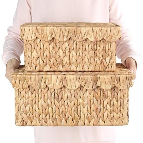 2pcs Hand Woven Water Hyacinth Scallopped Baskets with Lid, Small Hyacinth Basket, Decor Wicker Storage Basket, Storage Basket for Living Room, Bathroom, Bedroom, Food, Bread, Picnic