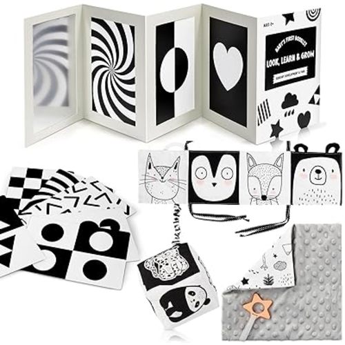 ZICOTO High Contrast Tummy Time Toys Bundle - Stimulating Black & White Sensory Development Toys for Newborns & Infants 0-3, 0-6 Months