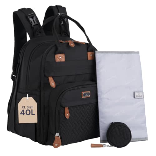 BabbleRoo Extra Large Diaper Bag Backpack, Expandable Baby Bag with Up to 50% More Capacity - Travel Essentials Baby Bag Tote with Changing Pad, Stroller Straps & Pacifier Case - Unisex, Black