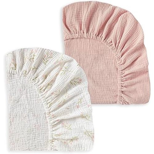 JELLYMONI Muslin Crib Sheets for Girl Boy, 2 Pack 100% Cotton Baby Fitted Crib Sheets for 52''x28'' Standard Crib Mattress, Soft Muslin Cotton Baby Sheet