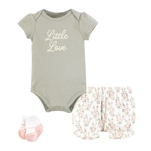 Hudson Baby Infant Girls Bodysuit, Short and Sock, Pink Sage Floral, 6-9 Months