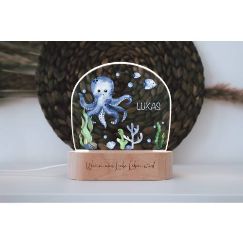 personalized undewater acrylic nightlight with Octopus coloured | engraved wooden base | baptism | decorative addition to a child's room