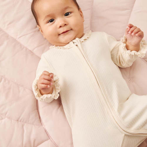 Lace Trim Ribbed Clever Zip Baby Pajamas Rose / Newborn