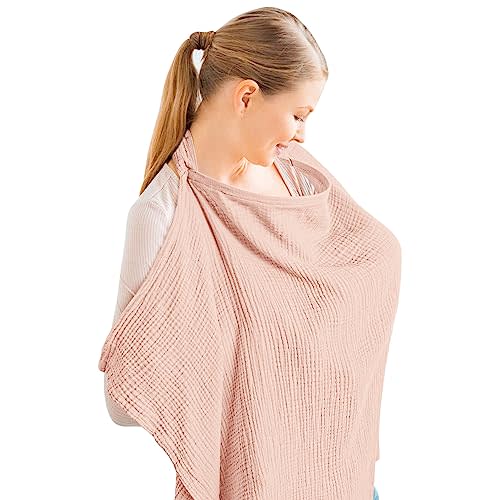 Konssy Muslin Nursing Cover for Baby Breastfeeding, Breathable 100% Cotton Breastfeeding Cover with Rigid Hoop for Mother Nursing Apron, Multi-use Carseat Canopy (Pink)