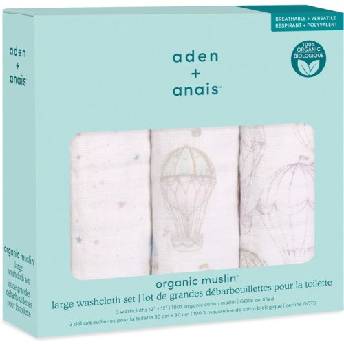 aden + anais 3-Pack Assorted Organic Cotton Muslin Washcloths, Above The Clouds Pink
