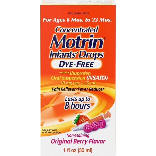 Motrin Infants' Ibuprofen, Fever Reducer, Dye and Alcohol Free, Concentrated Drops, Oral Suspension, Includes Clear Syringe with Markings for Dose Measuring, Berry Flavor 1 Fluid Ounce