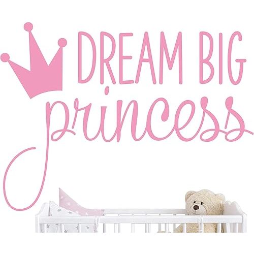 Dream Big Princess with Crown Wall Decal Vinyl Sticker for Kids Baby Girls Bedroom Decoration Nursery Home Decor Mural Design YMX18 (Soft Pink)