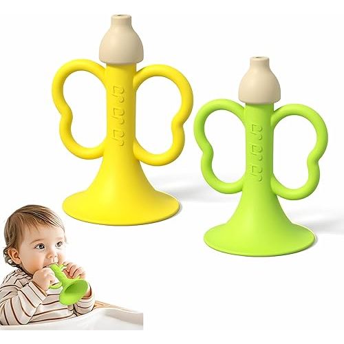 Baby Silicone Trumpet Teething Toy, 2PCS Yellow & Green Soft Horn for Sensory Play & Teething Relief, Easy Grip Toys 0-6 6-12 Months, BPA-Free Baby Teether Instrument for Infants & Toddlers