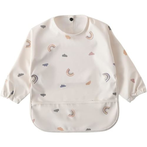 GZMM Waterproof Baby Bibs,Infant Toddler Long Sleeve Feeding Bib With Food Catcher,Easy Clean & Washable - White+rainbow - 6-12 months