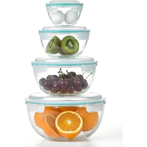 Glasslock Mixing Bowl with Latching Lids 8-Pieces Set – Airtight, Leakproof, BPA Free Lids, Nesting, Meal Prep, Baking, Salad, Food Storage & Serving Bowl, Microwave, Fridge & Freezer, Dishwasher Safe