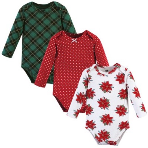 Hudson Baby Infant Girl Cotton Long-sleeve Bodysuits, Poinsettia