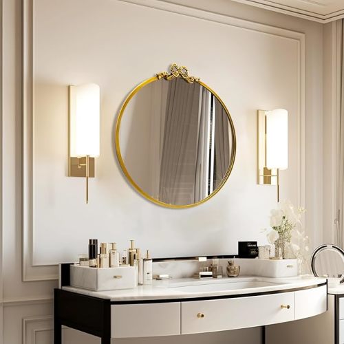 Vintage Round Mirror Gold Bathroom Vanity Mirrors 27.5inch Antique Metal Ornate Circle Wall Mirror, Baroque Home Decor for Dressing Table,Bedroom,Living Room,Hallway