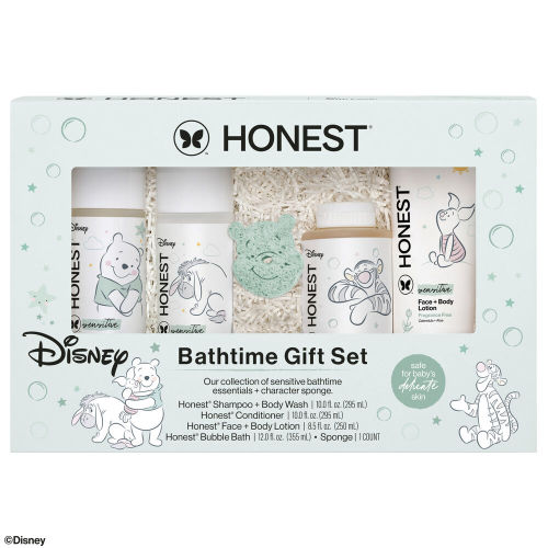 The Honest Company Fragrance Free Bathtime Gift Set + Disney Design | Hypoallergenic Bath Essentials Gentle Enough for Baby | Shampoo + Body Wash, Face + Body Lotion, Bubble Bath, Conditioner, Sponge | Honest
