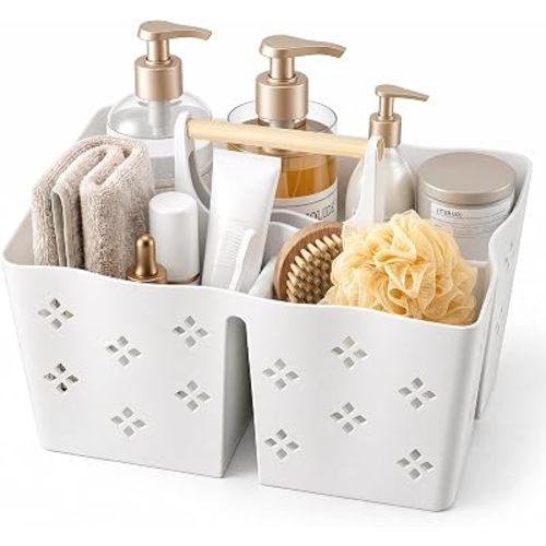 GVY Plastic Shower Caddy Portable, Large Capacity Shower Basket with Handle, Divided Bathroom Toiletry Organizer, Quick-Drain Shower Caddy for College Dorm Beach Kitchen Essentials, White