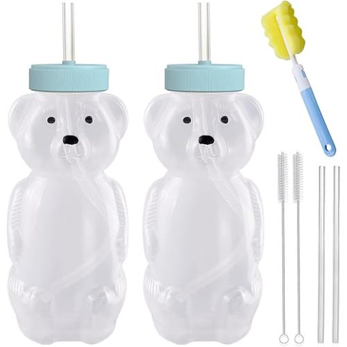 Honey Bear Straw Cups, Juice Bear Bottle Drinking Cup Long Straws with 4 Flexible Straws & Cleaning Tools, 8-Ounce Therapy Sippy Bottles for Speech and Feeding Training, Food-Grade & BPA Free 2 Pack