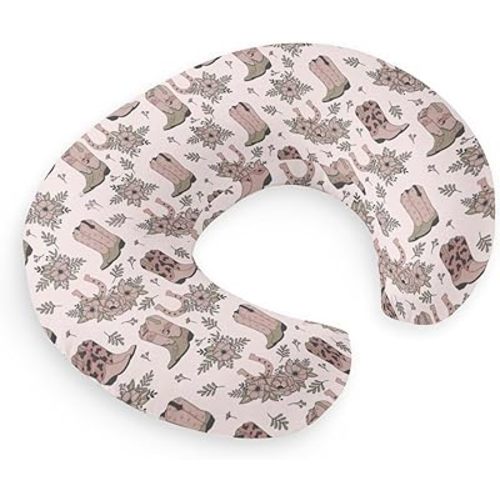 HawSkgFub Cowgirl Boots Pink Floral Nursing Pillow Cover for Baby Girls, Western Horseshoe Flower Breastfeeding Pillow Slipcover, Nursing Pillowcase for Newborn Infant, Cover Only