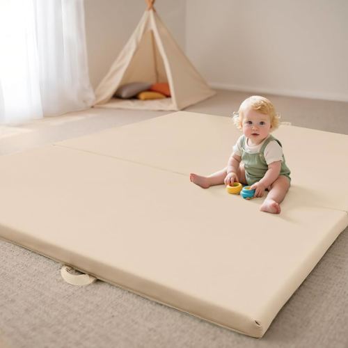 Foldable Baby Play Mats for Floor Vegan Leather 1.5 Inch Extra Thick Foam Play Mat for Kids for Playpen,Wipe-Clean Waterproof, Travel with Storage Bag,Crawling Mats for Toddlers&Infants,Beige