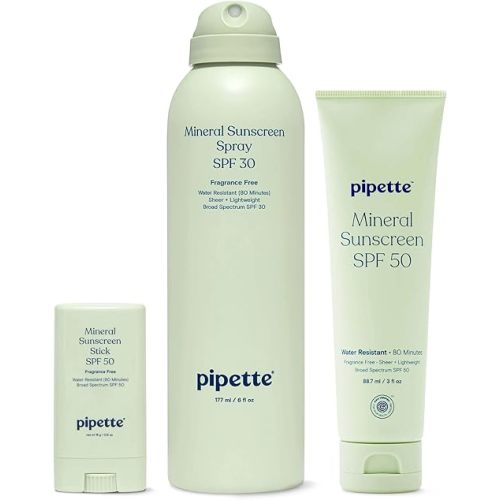 Pipette Baby Clean Mineral Sunscreen Trio, Includes Spray SPF 30 (6 Oz), Stick SPF 50 6 oz (0/6 oz), and Water-resistant Sun Lotion (3 oz), Zinc Oxide Mineral Sunscreen, UVB/UVA Sunblock for Kids