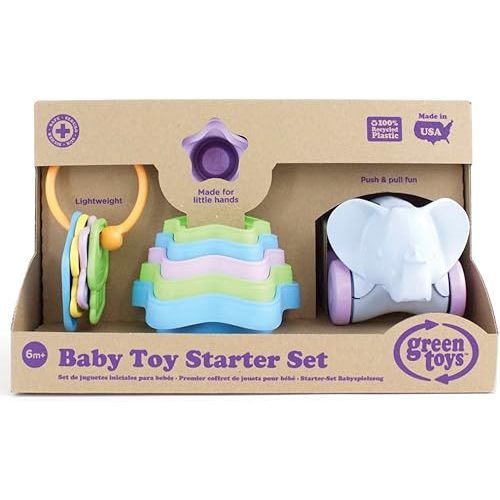 Green Toys Baby Toy Starter Set, First Keys/Stacking Cups/Elephant - 8 Piece Motor Skill Development Kids Toy. Safe for Babies and Toddlers. No BPA, phthalates, PVC. Dishwasher Safe, Recycled Plastic, Made in USA.