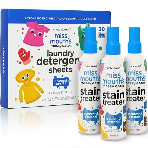 Miss Mouth’s Messy Eater Stain Treater Stain & Suds Duo Pack - 3 Pack Spray and 30 Pack Detergent Sheet bundle - Newborn & Baby Essentials - Food, Grease, Coffee Off Laundry, Underwear, Fabric