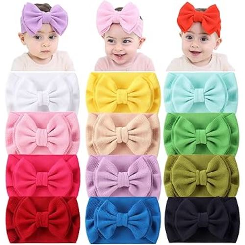 Cinaci 12 Pack Stretchy Elastic Wide Nylon Headbands with Solid Knot Big Hair Bow Headwraps Large Oversized Hair Bows Accessories for Baby Girls Infants Toddlers Kids