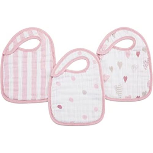 aden + anais 100% Cotton Muslin Snap Bib – Super Absorbent, Soft 3-Layer Baby Bib for Boys & Girls with Adjustable Snap-Closure for Teething, Eating, Drooling, 3-Pack, Heart Breaker
