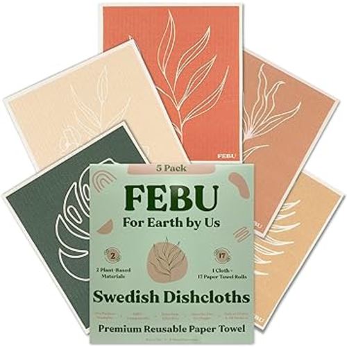 FEBU Swedish Dishcloths for Kitchen | 5 Pack Floral Swedish Dish Towels | Reusable Paper Towels Washable | Non-Scratch Cellulose Sponge Cloths | No Odor, Biodegradable, Swedish Cloths