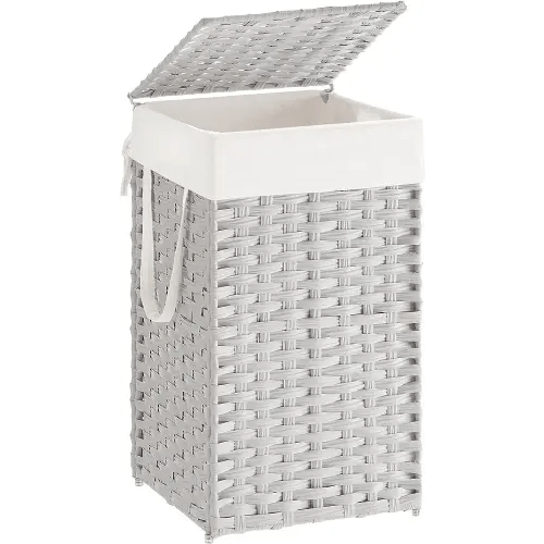 SONGMICS Laundry Hamper with Lid, 17.2 Gallon (65 L) Synthetic Rattan Clothes Laundry Basket with Lid and Handles, Foldable, Removable Liner, Cloud White ULCB165W01