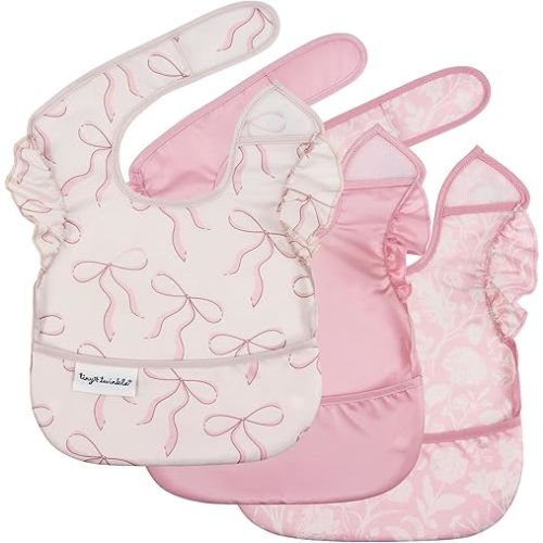 Tiny Twinkle Mess-Proof Baby Bibs for Eating | Waterproof, Wipeable Toddler Bibs with Catch-All Pocket | Feeding Bibs for Girls & Boys(3 Pack,Toile,Bows)