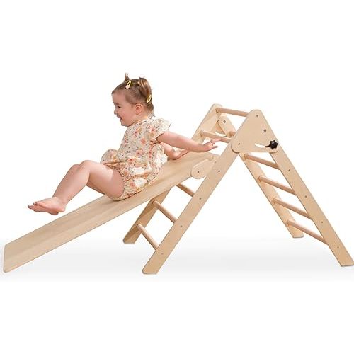Giant bean Foldable Wooden Climbing Triangle with Sliding Ramp, 3 in 1 Pikler Triangle Climbing Toys for Toddlers, Kids Indoor Climbers & Gym Play Structures for Boys Girls