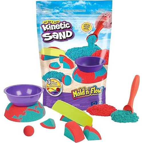 Kinetic Sand Mold n’ Flow with 1.5lbs Red & Teal Play Sand, 3 Tools, Sensory Toys for Kids Ages 3 and up