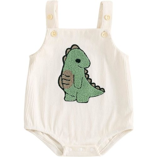 GOOCHEER Infant Summer Outfit Newborn Baby Boy Sleeveless Dinosaur Embroidery Bodysuit Romper Overall One Piece Clothes - White - 3-6 Months