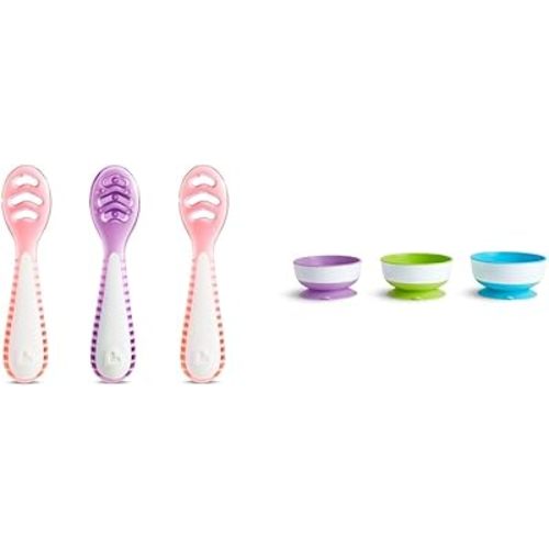 Munchkin Gentle Dip First Spoon & Stay Put Suction Bowl Sets for Baby Self Feeding, 3 Packs
