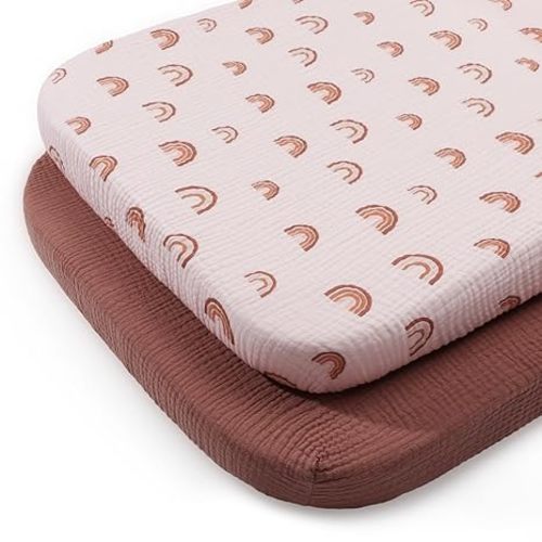 Muslin Bassinet Sheet for Baby Girl and Boy, Ultra Soft Bedside Bassinet Sheets Fitted for Oval, Rectangle and Hourglass Mattress Pad, 2 Pack (Rainbow&Cedar) - Rainbow&cedar - Bassinet Sheets 2 Pack