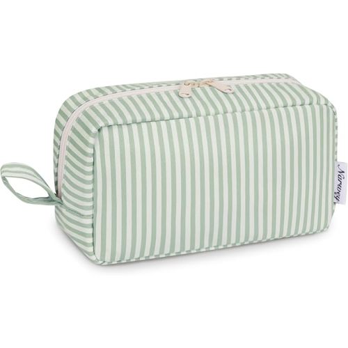 Narwey Cute Makeup Bag Small Toiletry Bag Travel Cosmetic Bag Organizer Make Up Bags with Organized Pockets for Women (Mint Green Stripe, Large)