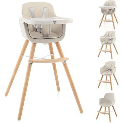 BABY JOY Convertible Baby High Chair, 3 in 1 Wooden Highchair/Booster/Chair with Removable Tray, Adjustable Legs, 5-Point Harness, PU Cushion and Footrest for Baby, Infants, Toddlers (Beige)