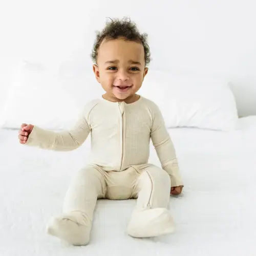 Heather Oatmeal Ribbed Zippy - Little Sleepies