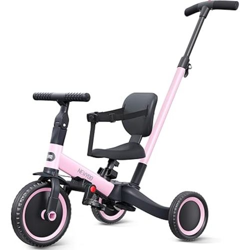 newyoo Toddler Tricycle,Toddler Bike,Birthday Gifts and Toys for 1-3 Year Old Boys and Girls, Trike with Push Handle, Backrest and Safety Belt, Balance Bike, TR007, Pink
