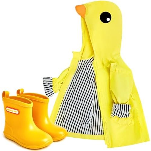 2 Pcs Toddler Raincoat Rain Boots Set Kids Girls Duck Cartoon Zipper Jacket Short Rain Shoes for Baby Boys