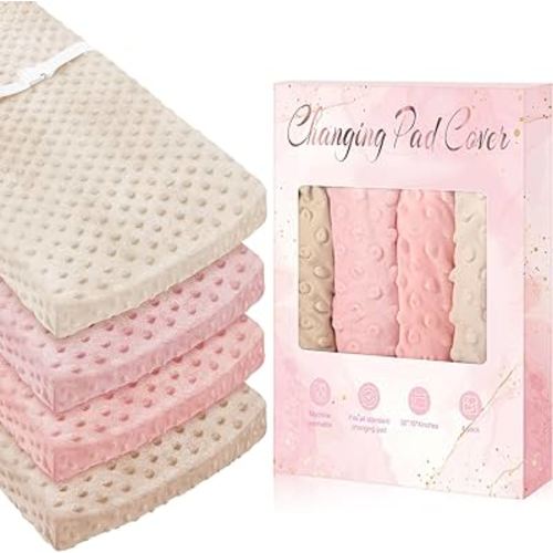 Peryiter 4 Pcs Changing Pad Cover 16 x 32 Inch Ultra Soft Dots Plush Changing Table Covers for Baby Girls and Boys Changing Pad Liners (Pink Series Colors,Flower)