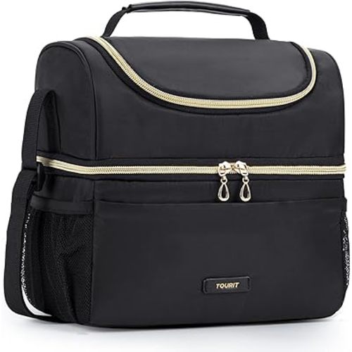 TOURIT Insulated Lunch Bag with Dual Compartment, Leakproof Cooler Tote for Work Office Picnic, Thermal Food Container Black