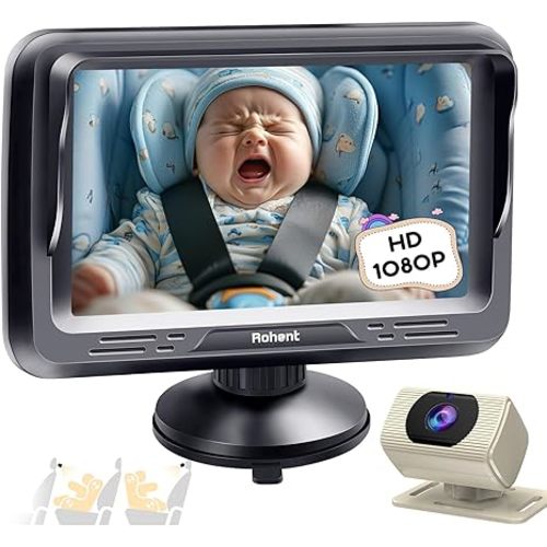 Rohent Car Baby Monitor with Camera - 1080P HD, 360° Adjustable, Night Vision, 150° Wide-Angle Lens, Easy Installation, Perfect Match for Beige Car Interiors, Ideal for Parents & Families